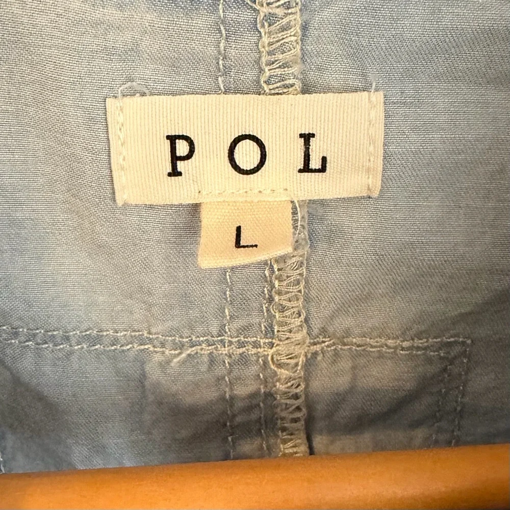 POL Light Wash Denim Patchwork Button Down Bohemian Shirt Top, Size Large - Picture 3 of 10